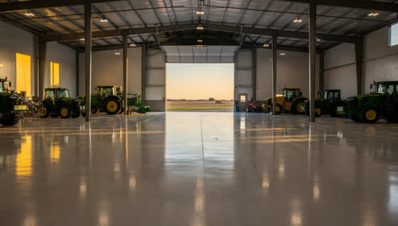 A finished commercial floor in a agricultural equipment dealership showroom in the Brazos river bottom, wide roll-up door open to flat farmland