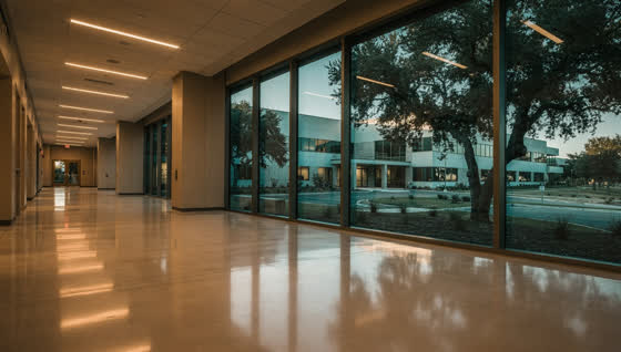 A finished commercial floor in a semiconductor campus support building corridor north of Austin, clean wide floor, low corporate buildings and live oaks outside