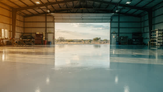 A finished commercial floor in a Concho Valley West Texas hangar and workshop, wide coated floor, mesquite scrub and open sky outside