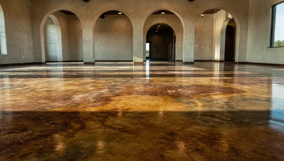 A finished commercial floor in a South Texas showroom floor with decorative acid-stained concrete in warm earth tones, arched openings, hill country light