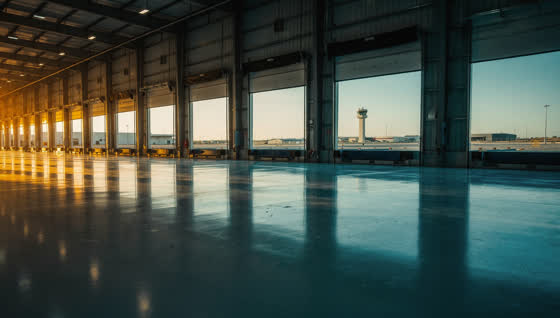 A finished commercial floor in a logistics warehouse northeast of San Antonio near an air force base, long dock line, wide sky and a distant control tower
