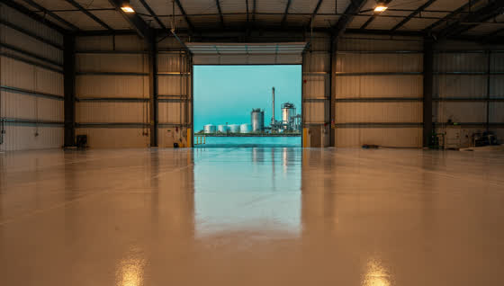 A finished commercial floor in a refinery contractor shop near the hurricane dike, wide sealed floor, tank farm and Galveston Bay through the bay door