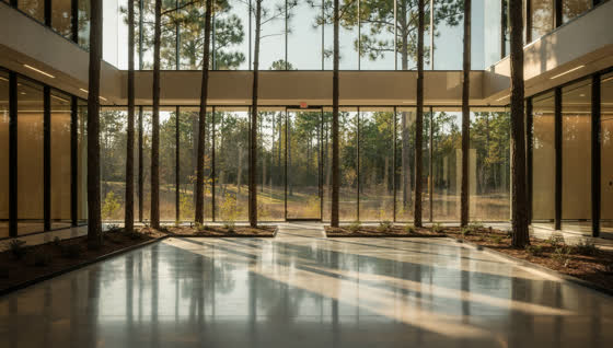 A finished commercial floor in a corporate office atrium ringed by tall loblolly pines, full-height glass on three sides, forested campus beyond