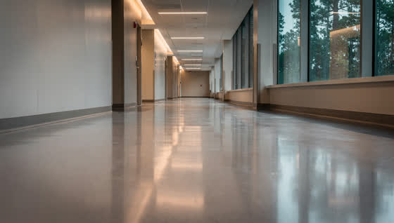 A finished commercial floor in a East Texas medical facility corridor, seamless hygienic flooring, soft daylight, pine trees through the window