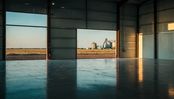 A finished commercial floor in a Central Texas industrial building on Blackland Prairie, thick coated slab over black clay soil, silos and open farmland beyond