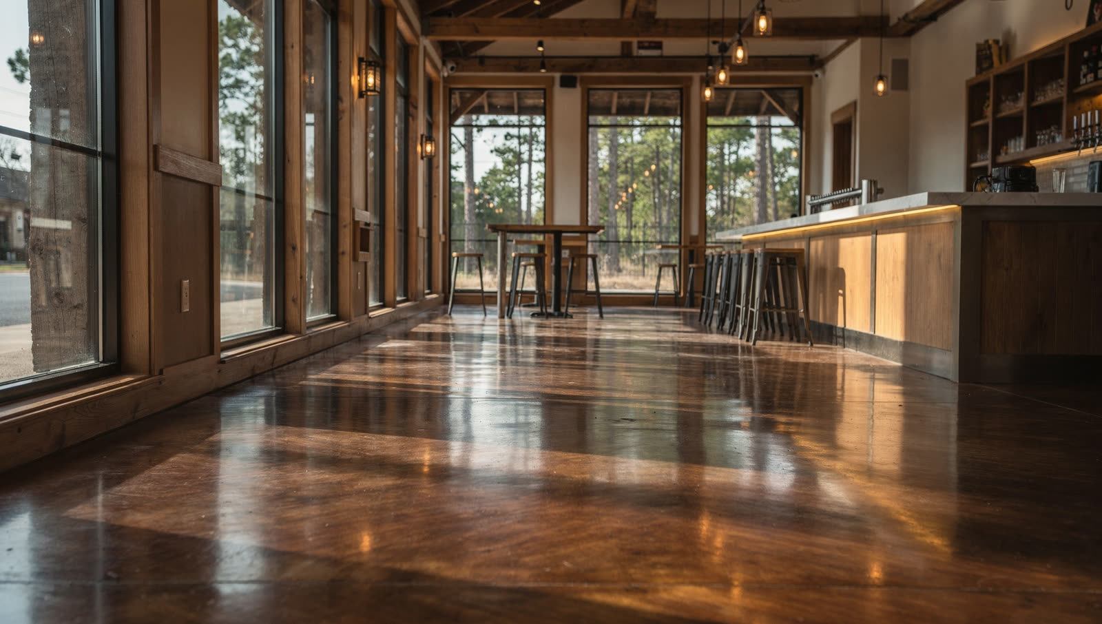 A finished commercial floor in a German-heritage main street storefront turned brewery taproom, tall front glass, pine woods at the end of the street