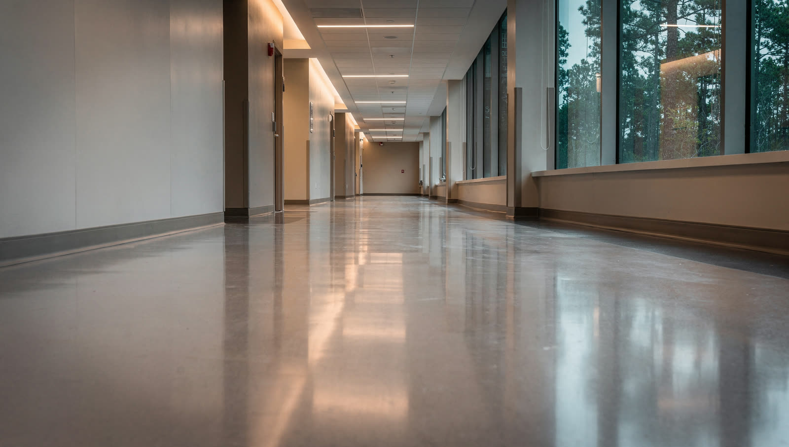 A finished commercial floor in a East Texas medical facility corridor, seamless hygienic flooring, soft daylight, pine trees through the window